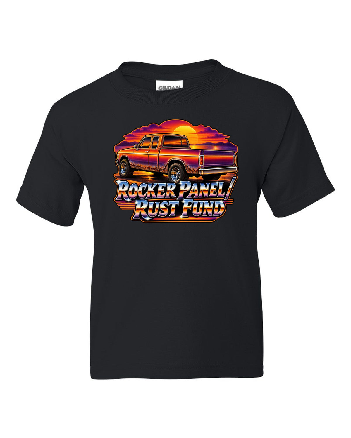 70s airbrush sunset print of a 1999-2006 Chevrolet Silverado GMT800 with Rocker Panel Rust Fund text black kids tee front view with the design