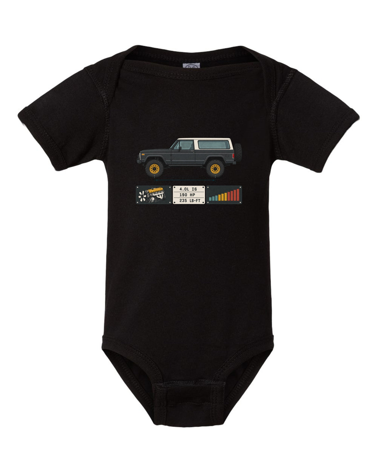 Jeep Wrangler LJ Unlimited spec sheet data plate design with 4.0L I6 190 HP 235 lb-ft black baby onesie front view with the design