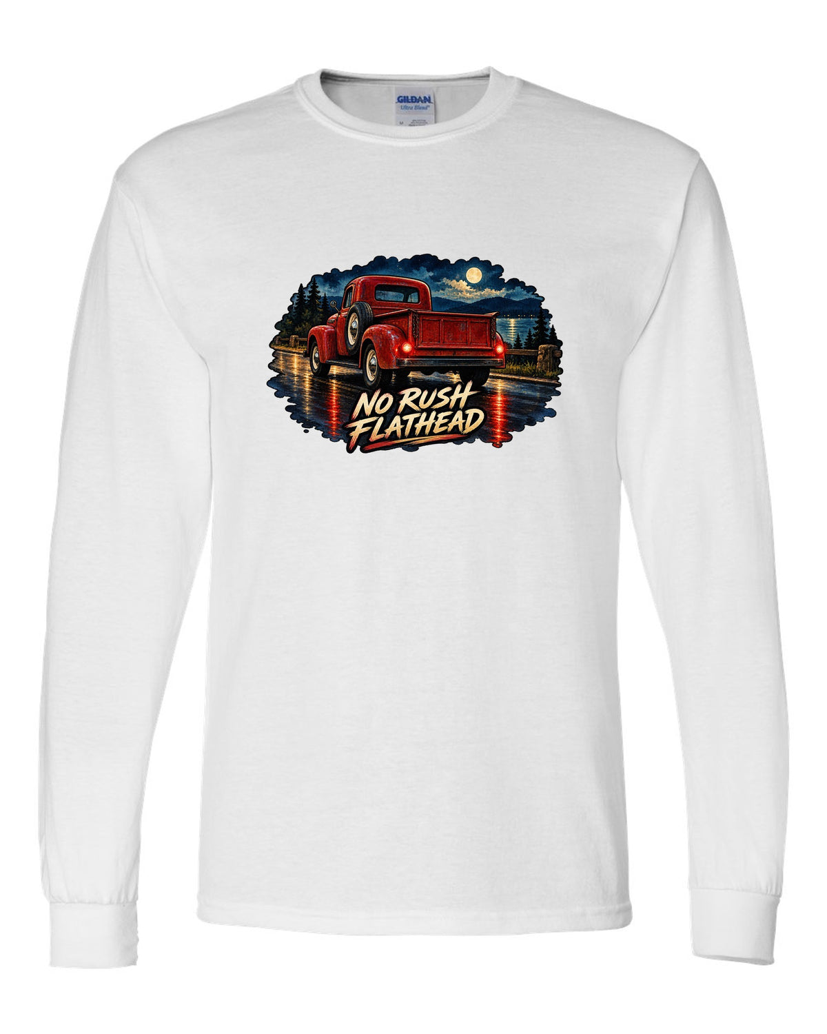 Watercolour wet-road night print of a red Dodge Power Wagon WM300 flat fender white long sleeve front view with the design