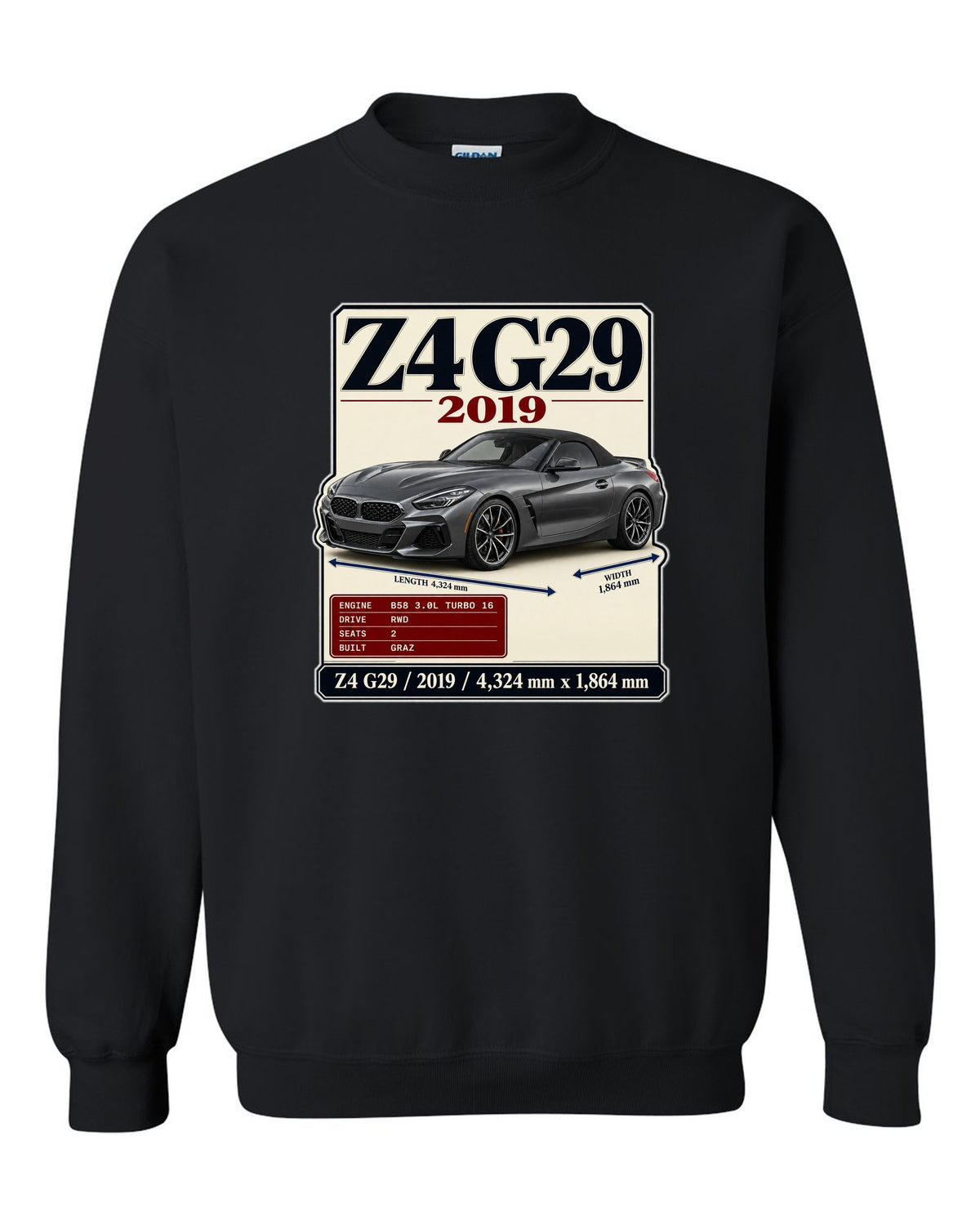 Archive plate print of the BMW Z4 G29 M40i First Edition with 2019 and dimensions black crewneck front view with the design