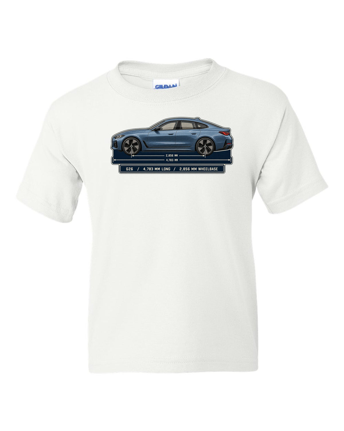 Dimension blueprint print of the BMW i4 M50 G26 Gran Coupe white kids tee front view with the design