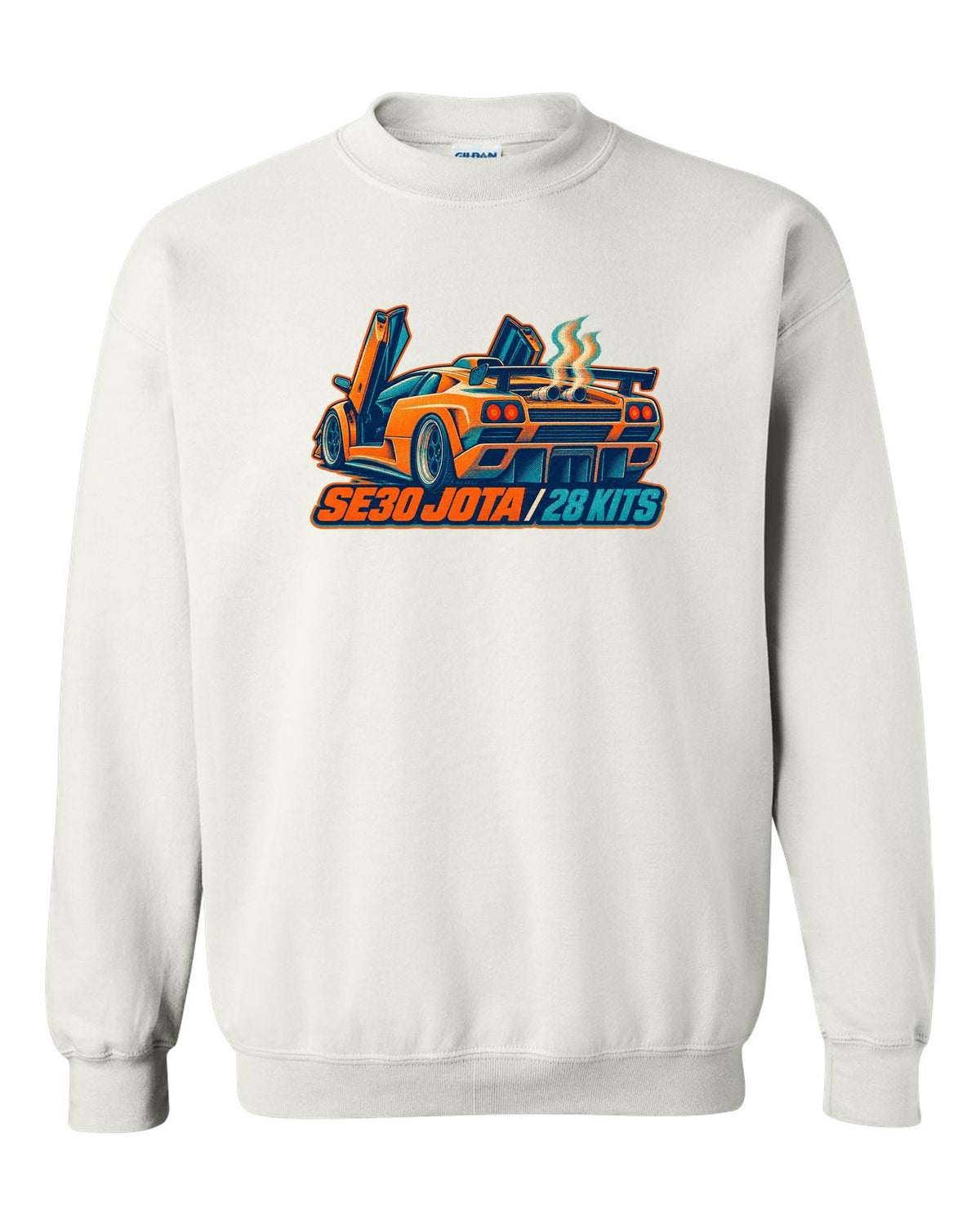 Risograph spot-colour print of a 1995 Lamborghini Diablo SE30 Jota with 28 kits lettering white crewneck front view with the design