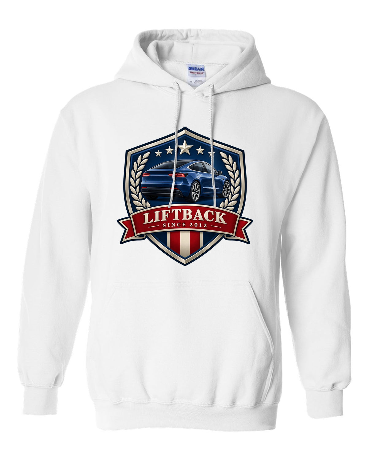 Original shield crest design of a 2021 Tesla Model S Plaid with the words Liftback Since 2012 white pull over hoodie front view with the design