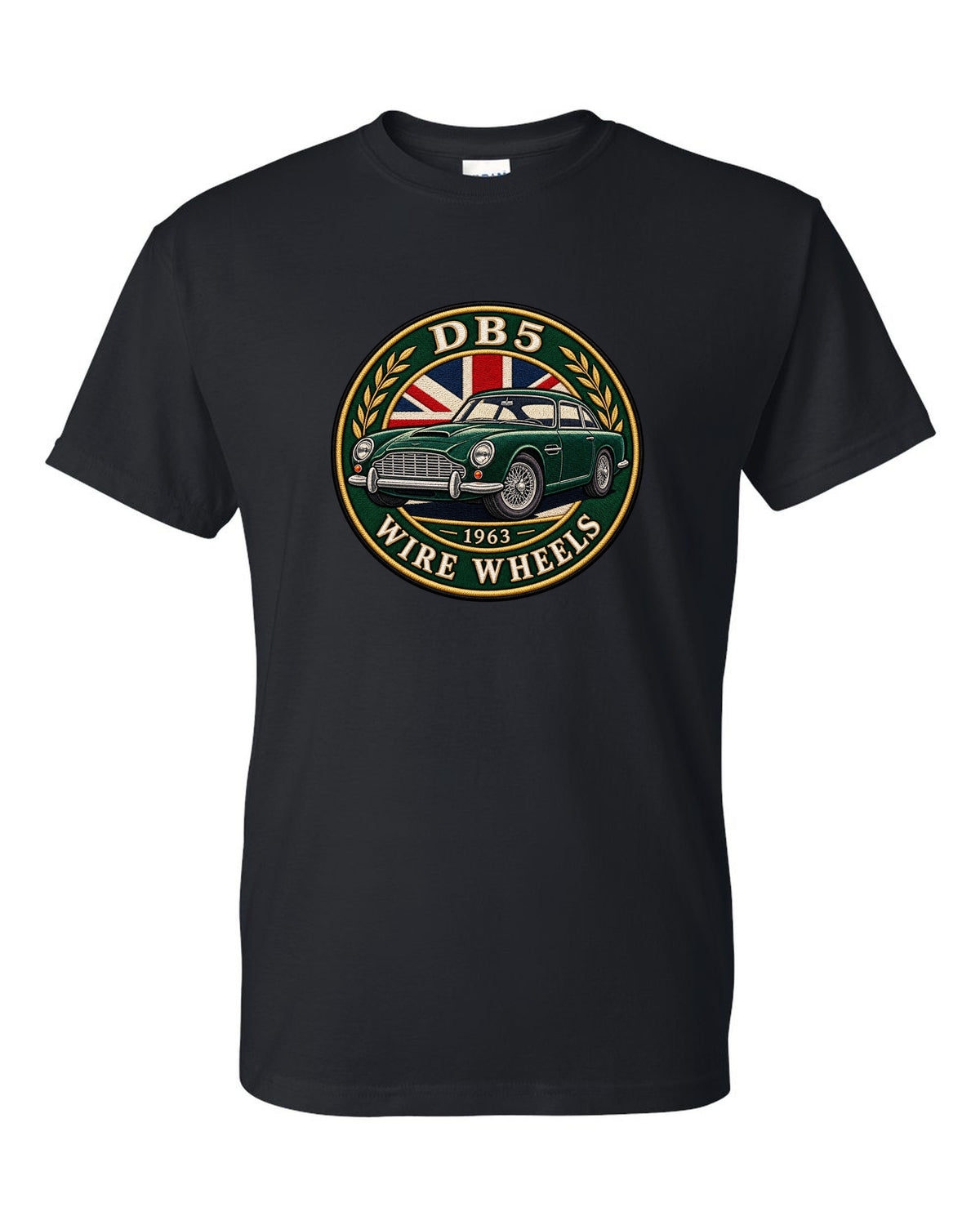 Aston Martin DB5 varsity crest with DB5 1963 WIRE WHEELS lettering black t-shirt front view with the design