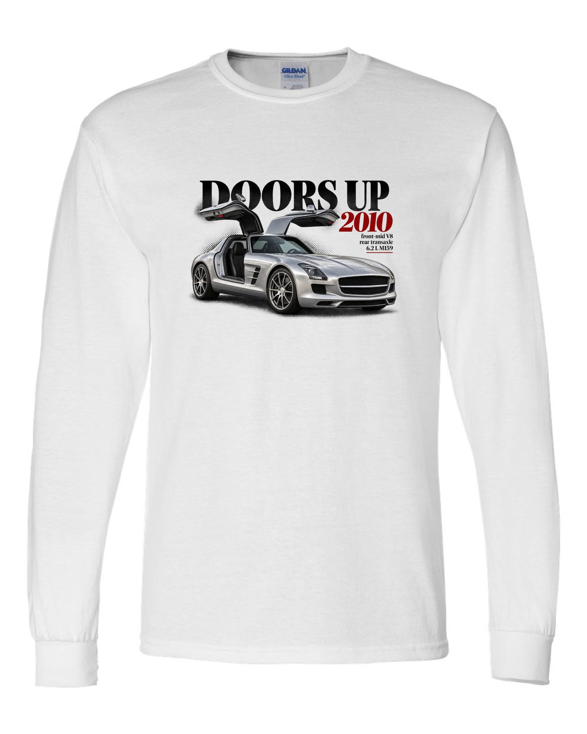 Editorial print of a Mercedes SLS AMG C197 with gullwing doors raised and Doors Up 2010 lettering white long sleeve front view with the design
