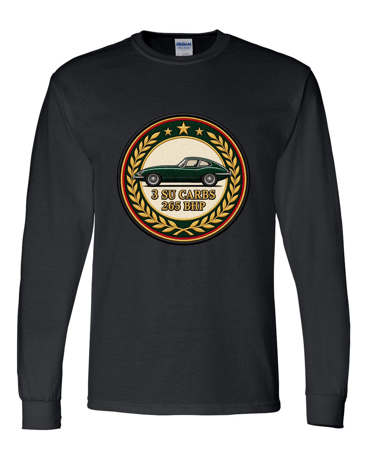 Varsity embroidery-style long bonnet print for the 1961 Jaguar E-Type Series 1 with 3 SU carbs and 265 bhp lettering black long sleeve front view with the design