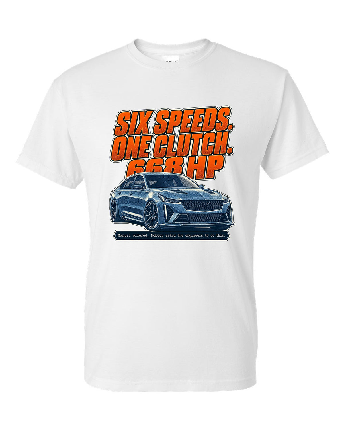 Halftone print of a Cadillac CT5-V Blackwing with six-speed manual text white t-shirt front view with the design