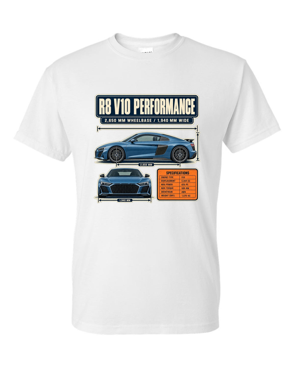 Audi R8 V10 performance Type 4S dimension blueprint print design white t-shirt front view with the design
