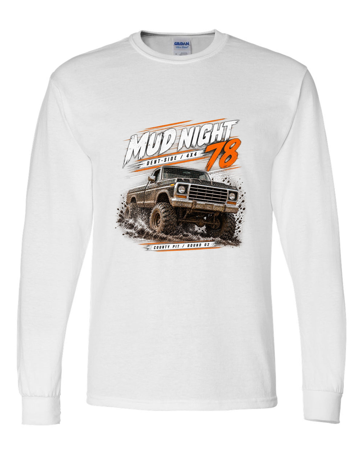 Ford F-150 Dent-Side 1973-79 4x4 Mud Night Race Poster Tee white long sleeve front view with the design