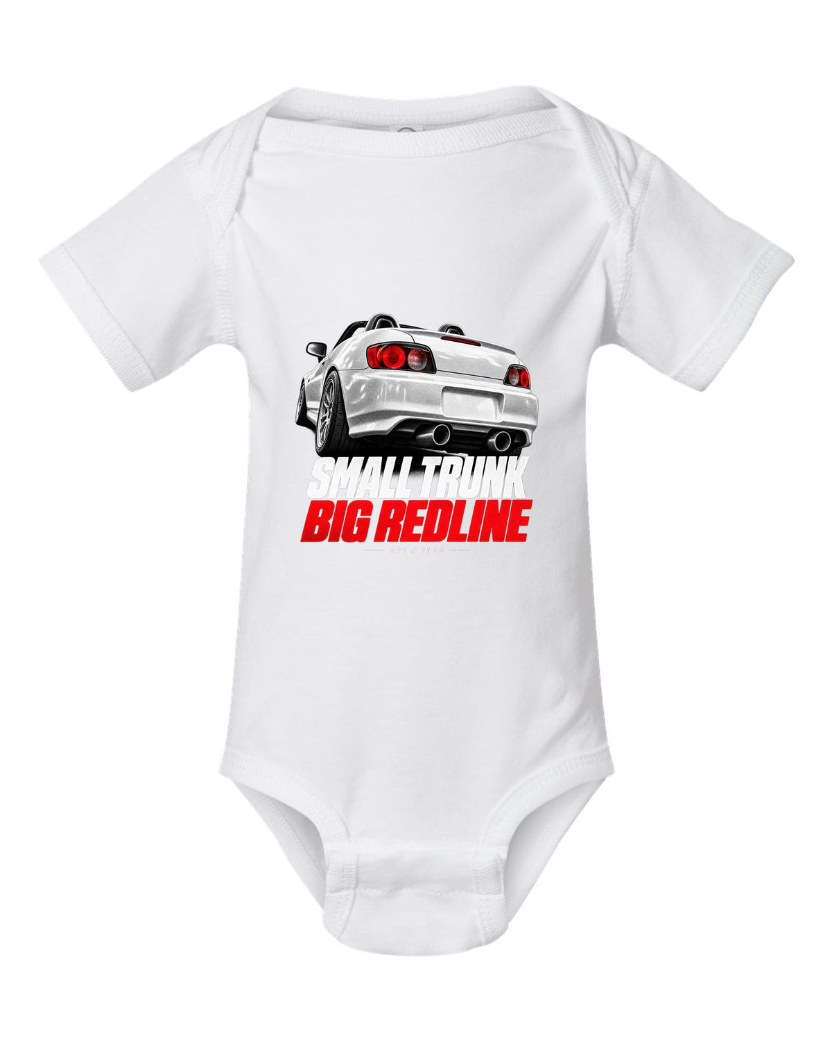 Honda S2000 AP1 roadster taillight detail design with small trunk big redline text white baby onesie front view with the design