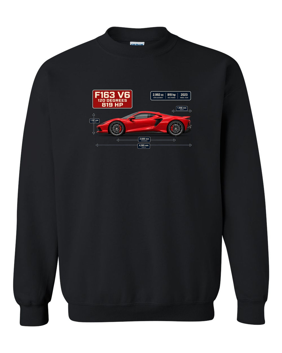Blueprint style print of a signal red Ferrari 296 GTB with dimension lines black crewneck front view with the design