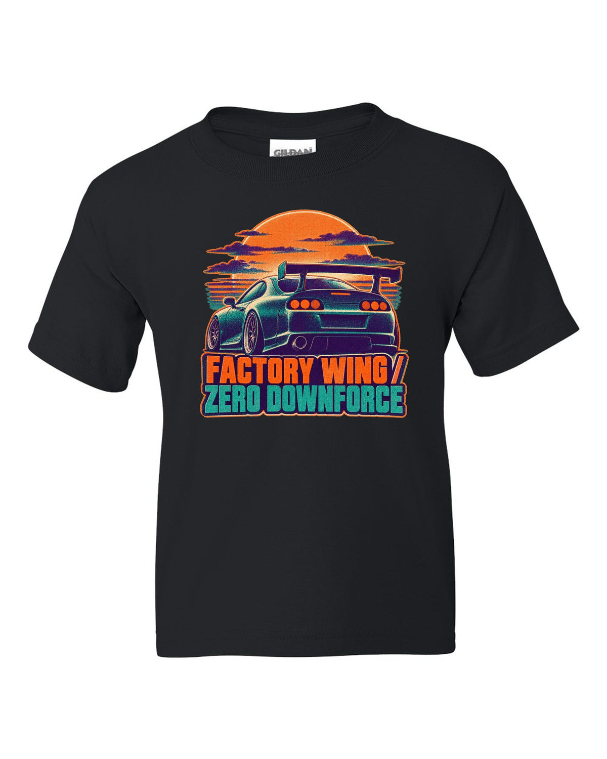Risograph two-colour dusk print of a Toyota Supra A80 JZA80 with factory wing zero downforce text black kids tee front view with the design