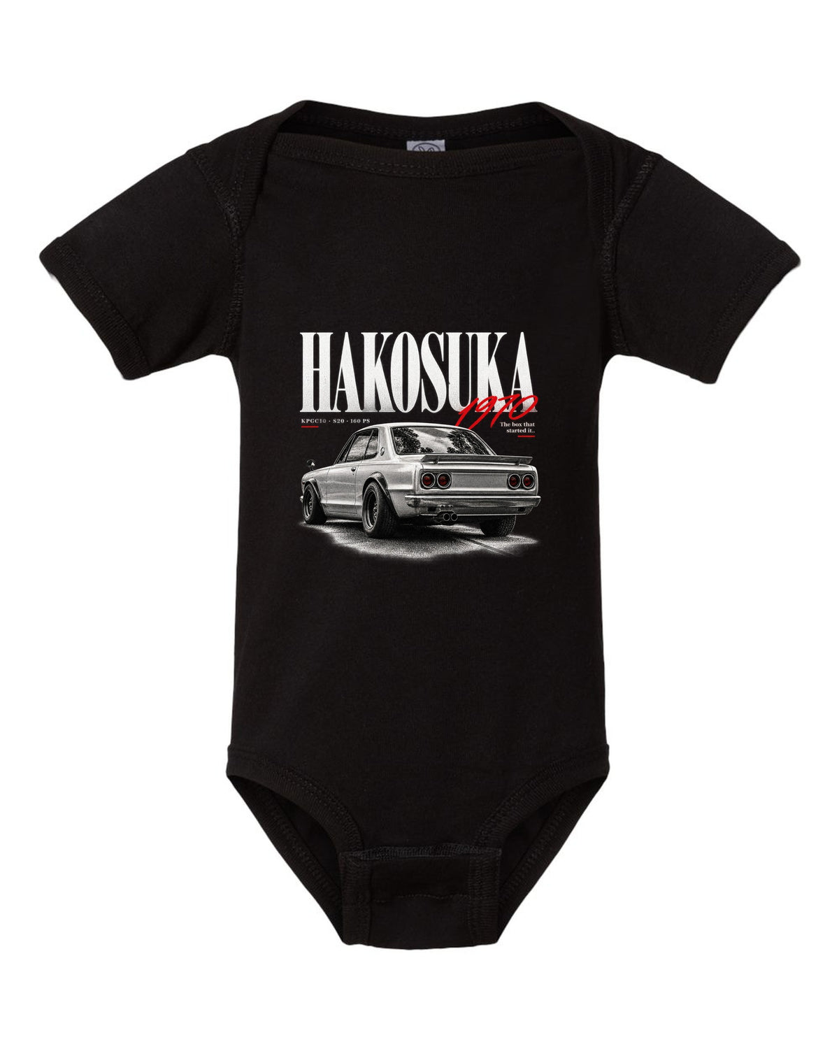 Editorial headline print of a Nissan Skyline 2000GT-R KPGC10 Hakosuka black baby onesie front view with the design