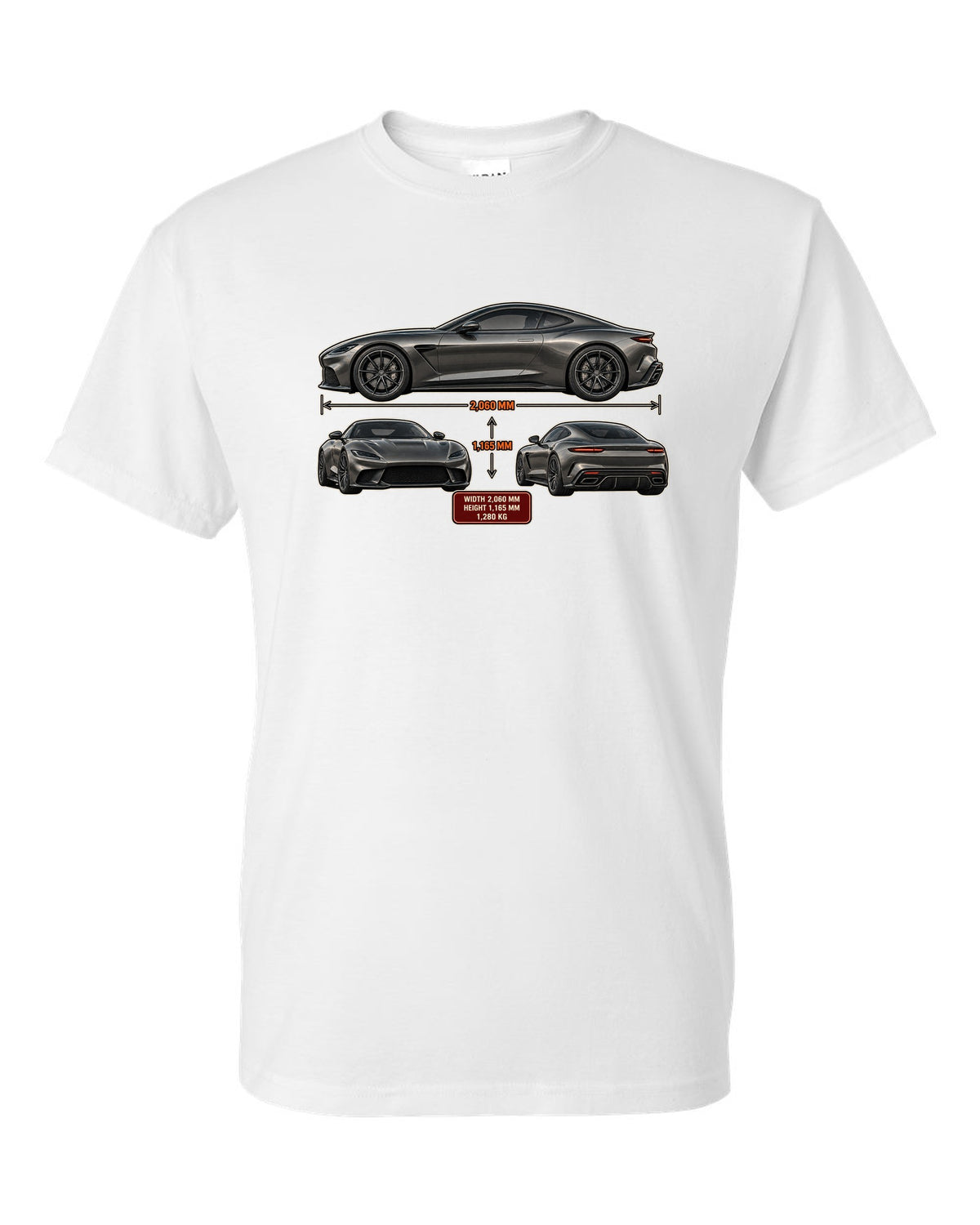 Three-view spec sheet print of the Pagani Utopia coupe with width 2,060 mm, height 1,165 mm, 1,280 kg white t-shirt front view with the design