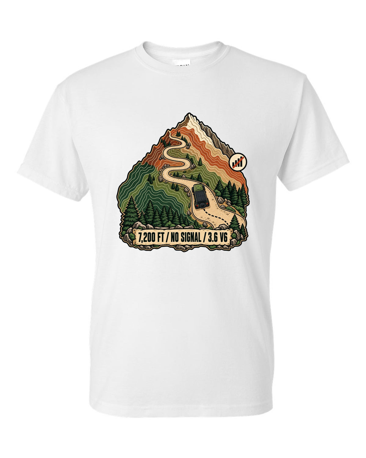 Topographic route map illustration of mountain switchbacks for a Jeep Wrangler JK with 7,200 FT NO SIGNAL 3.6 V6 lettering white t-shirt front view with the design