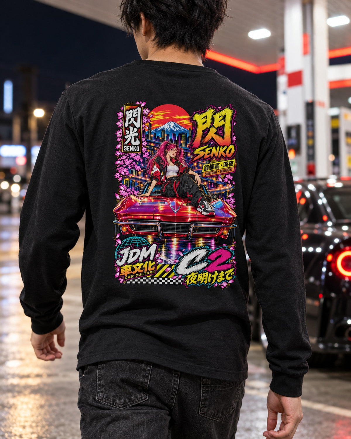 SENKO C2 Anime Girl Full-Back Graphic Tee Long Sleeve Black worn hero