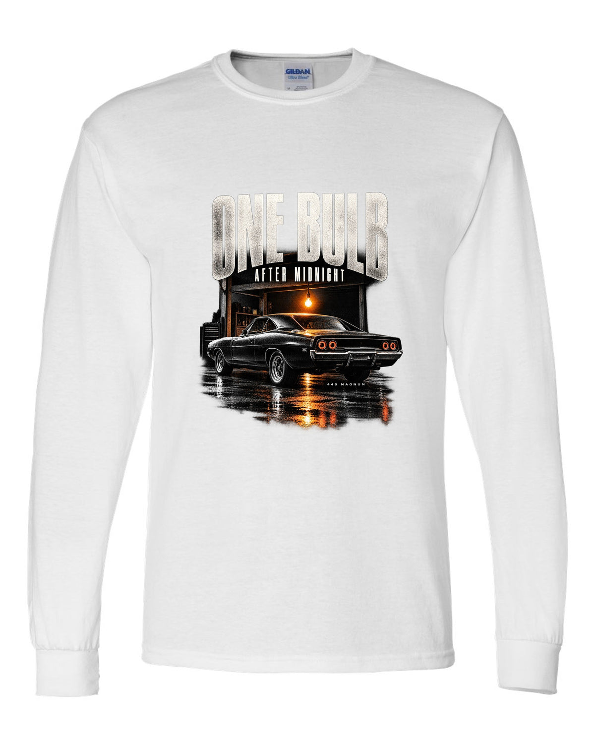 1969 Dodge Charger R/T B-body garage night print with one bulb after midnight lettering white long sleeve front view with the design