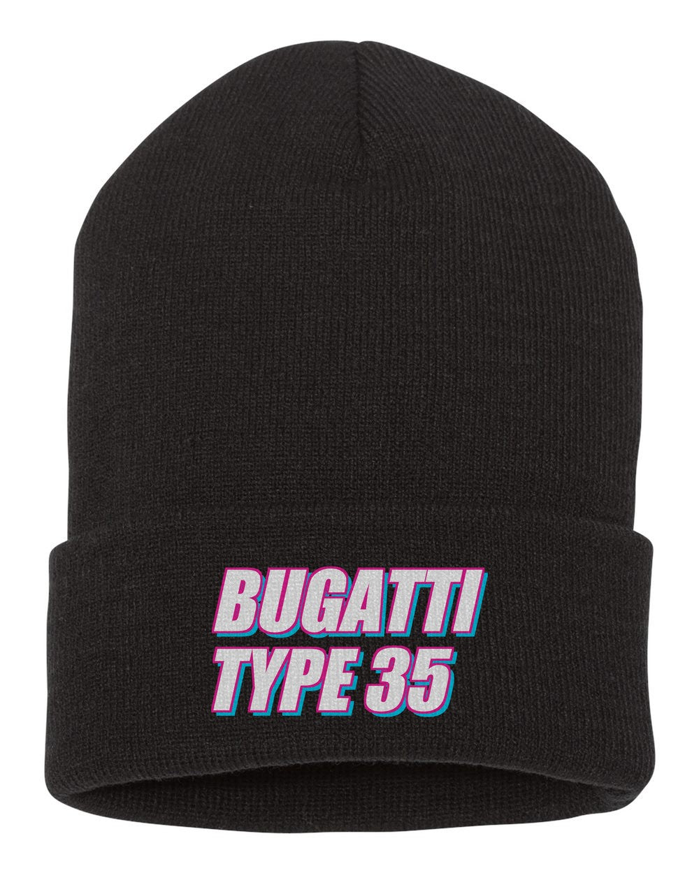 Bugatti Type 35 black beanie front view with car name