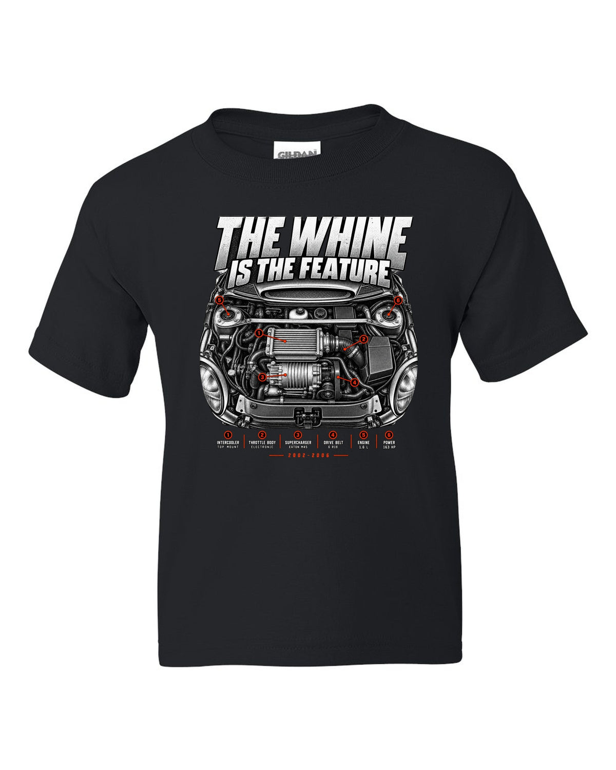 Mini Cooper S R53 engine bay print with supercharger callouts and whine text black kids tee front view with the design