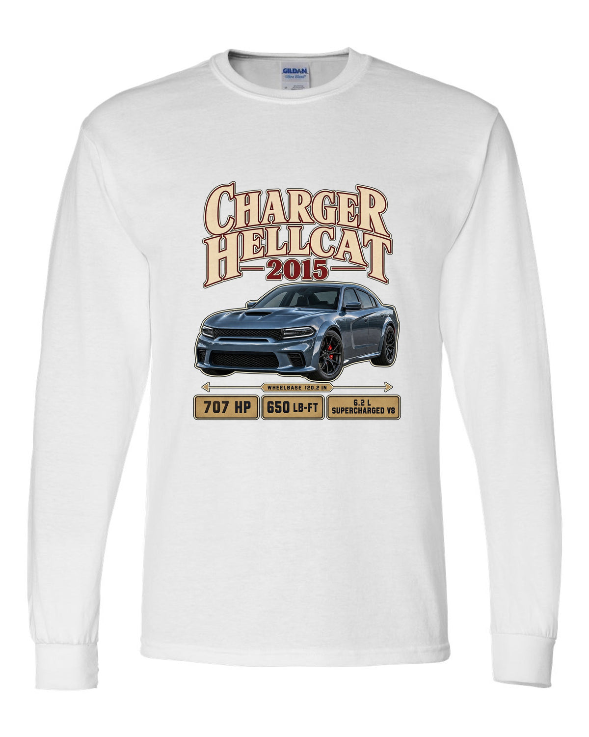 print of a 2015 Dodge Charger SRT Hellcat in an archive panel layout white long sleeve front view with the design