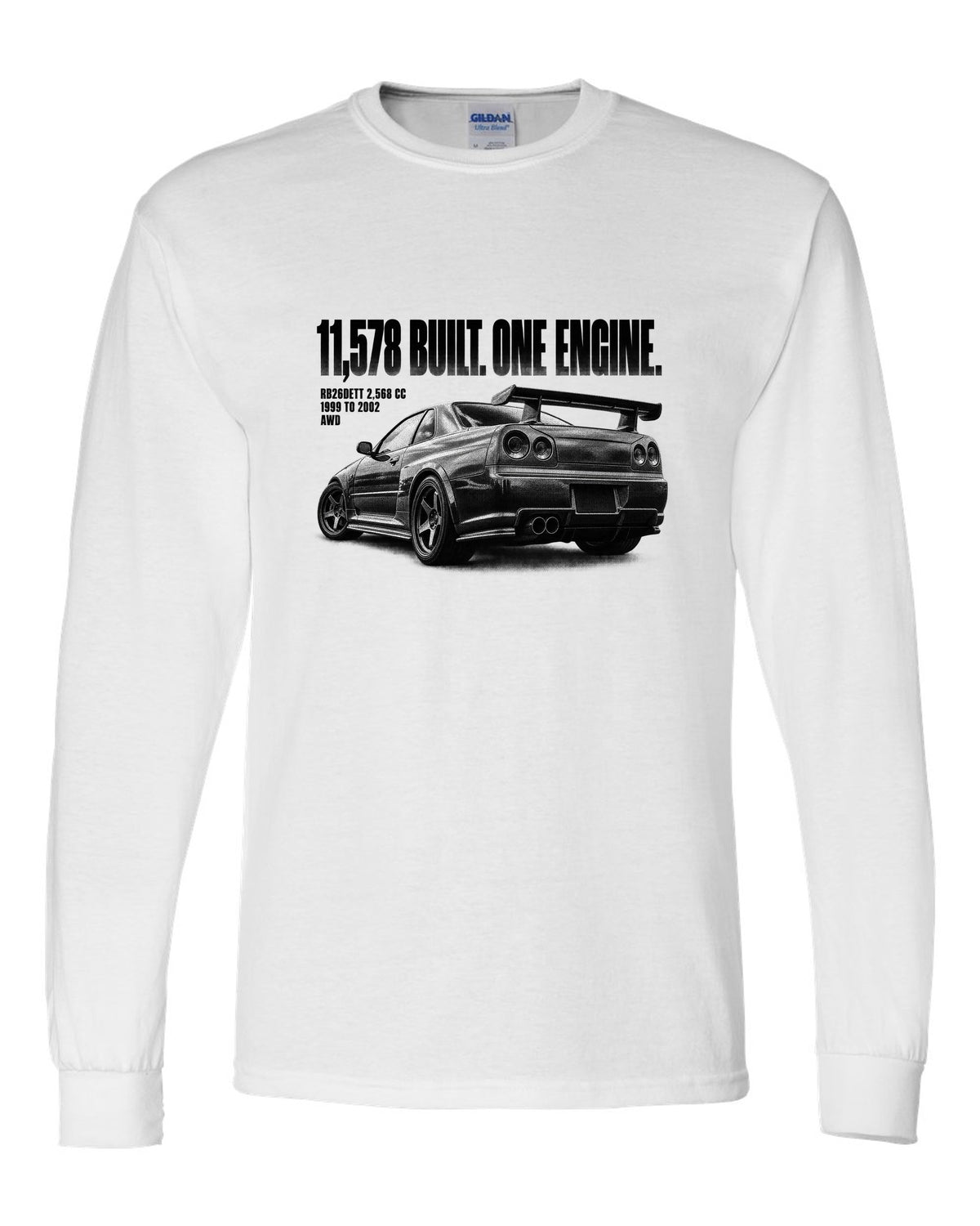 Halftone rear three-quarter view of a Nissan Skyline GT-R R34 with 11,578 built lettering white long sleeve front view with the design