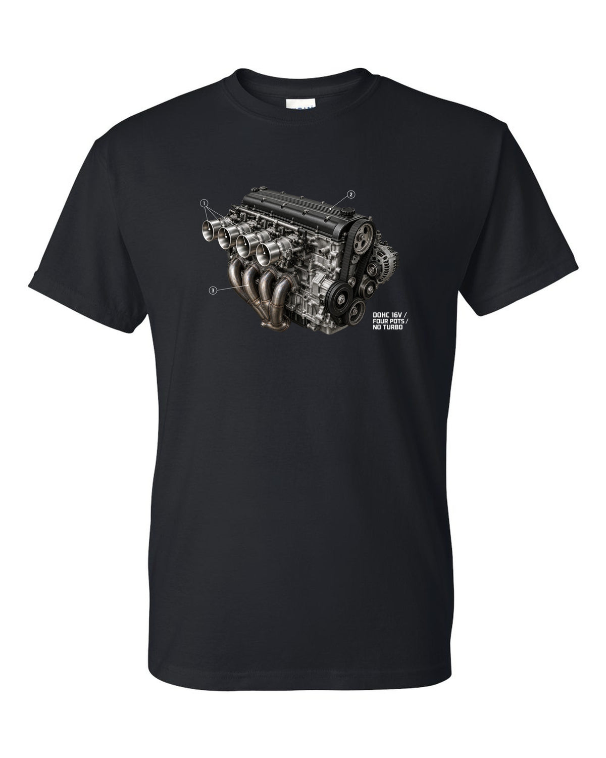 BMW E30 M3 S14 engine hero print labelled DOHC 16V four pots no turbo black t-shirt front view with the design
