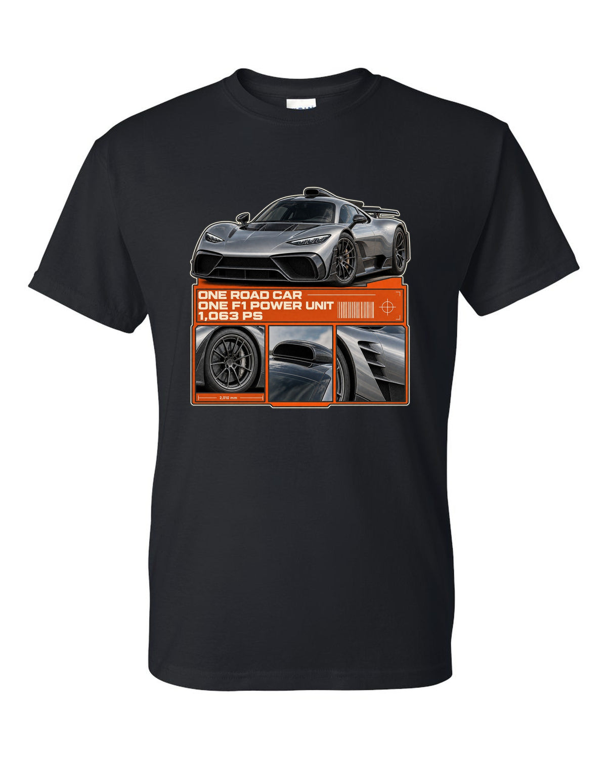 Mercedes-AMG One dossier panel design with three detail views black t-shirt front view with the design