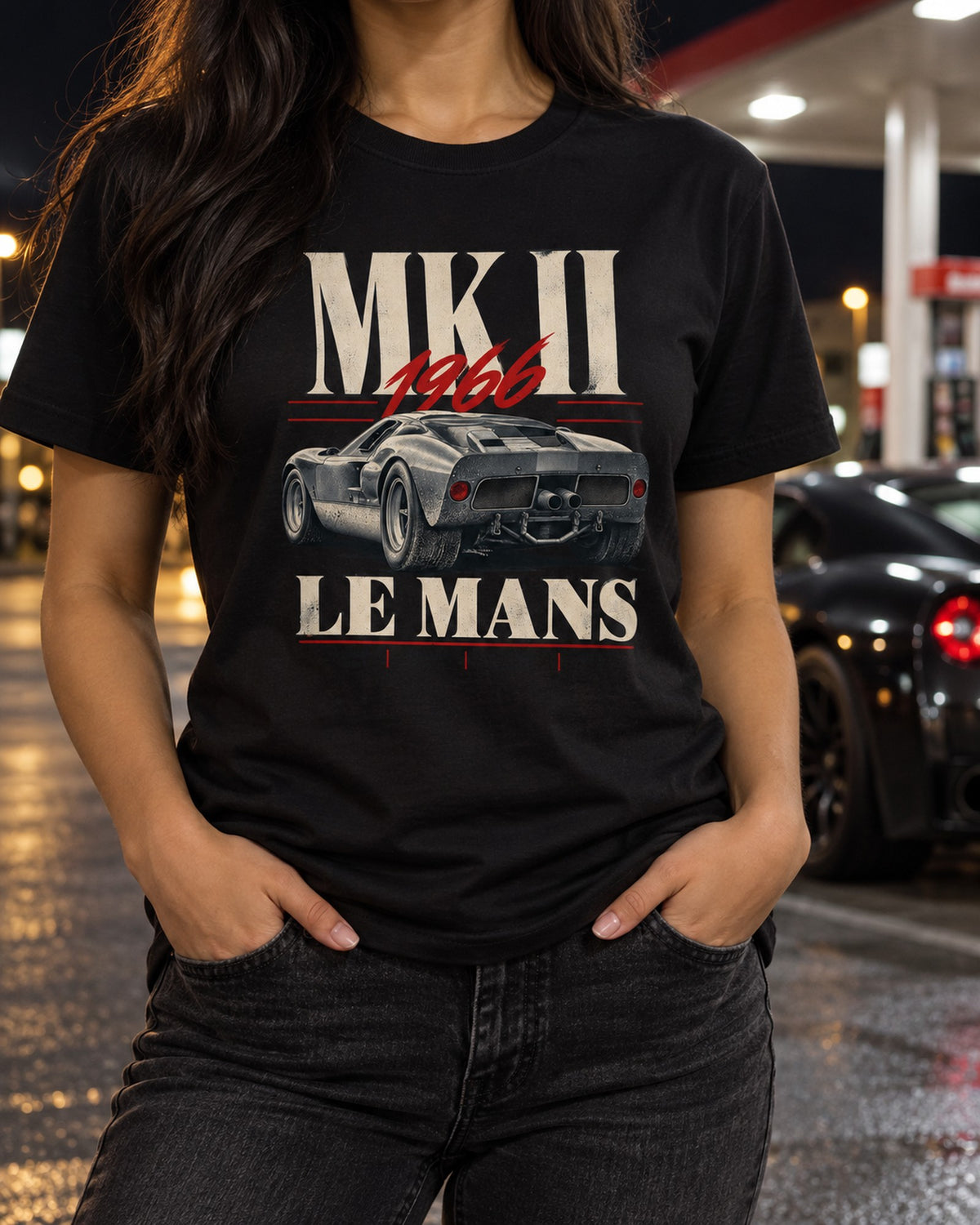 Ford GT40 Mk II 1966 Le Mans Editorial Tee, 24 Hours Rear View T-Shirt Black worn hero