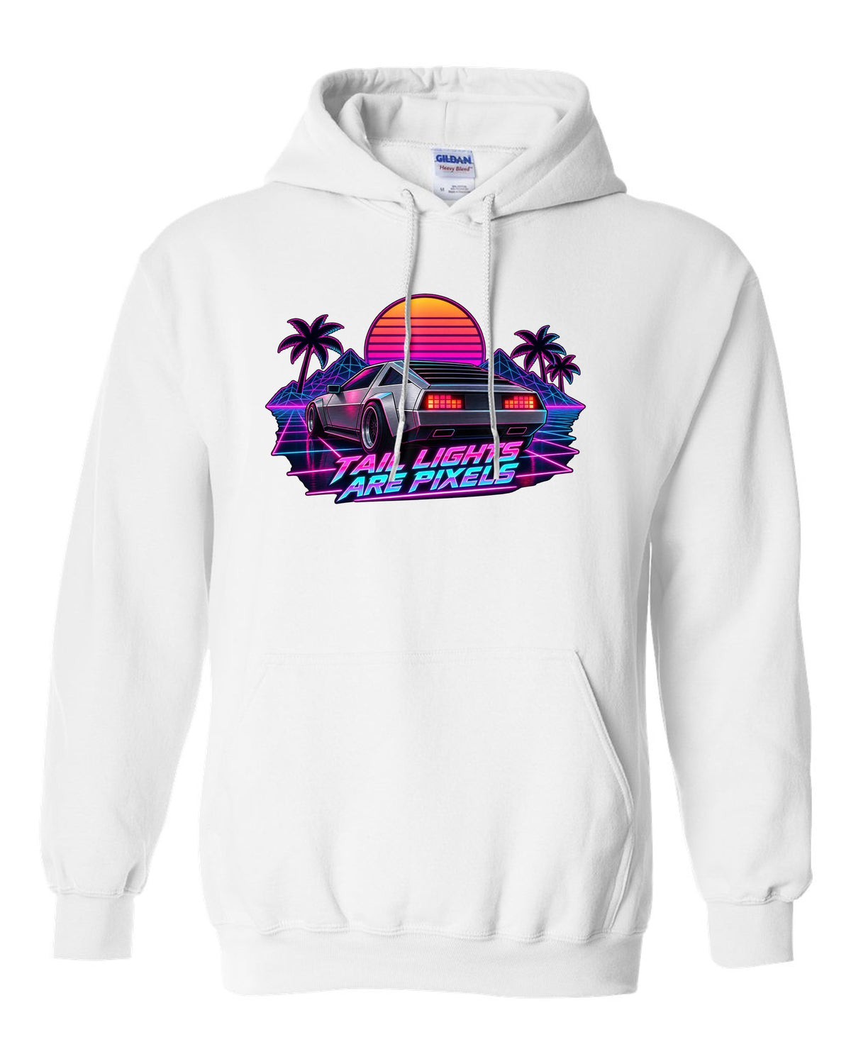 Synthwave outrun print of the Hyundai N Vision 74 concept with pixel tail lights text white pull over hoodie front view with the design