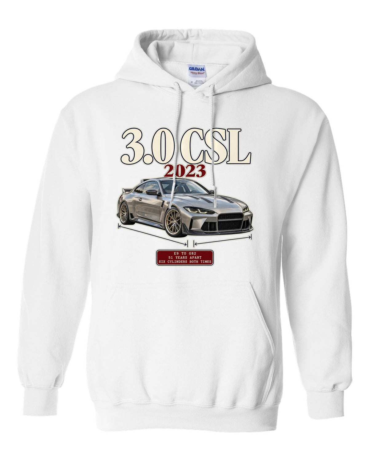 BMW 3.0 CSL E9 to G82 archive panel print white pull over hoodie front view with the design