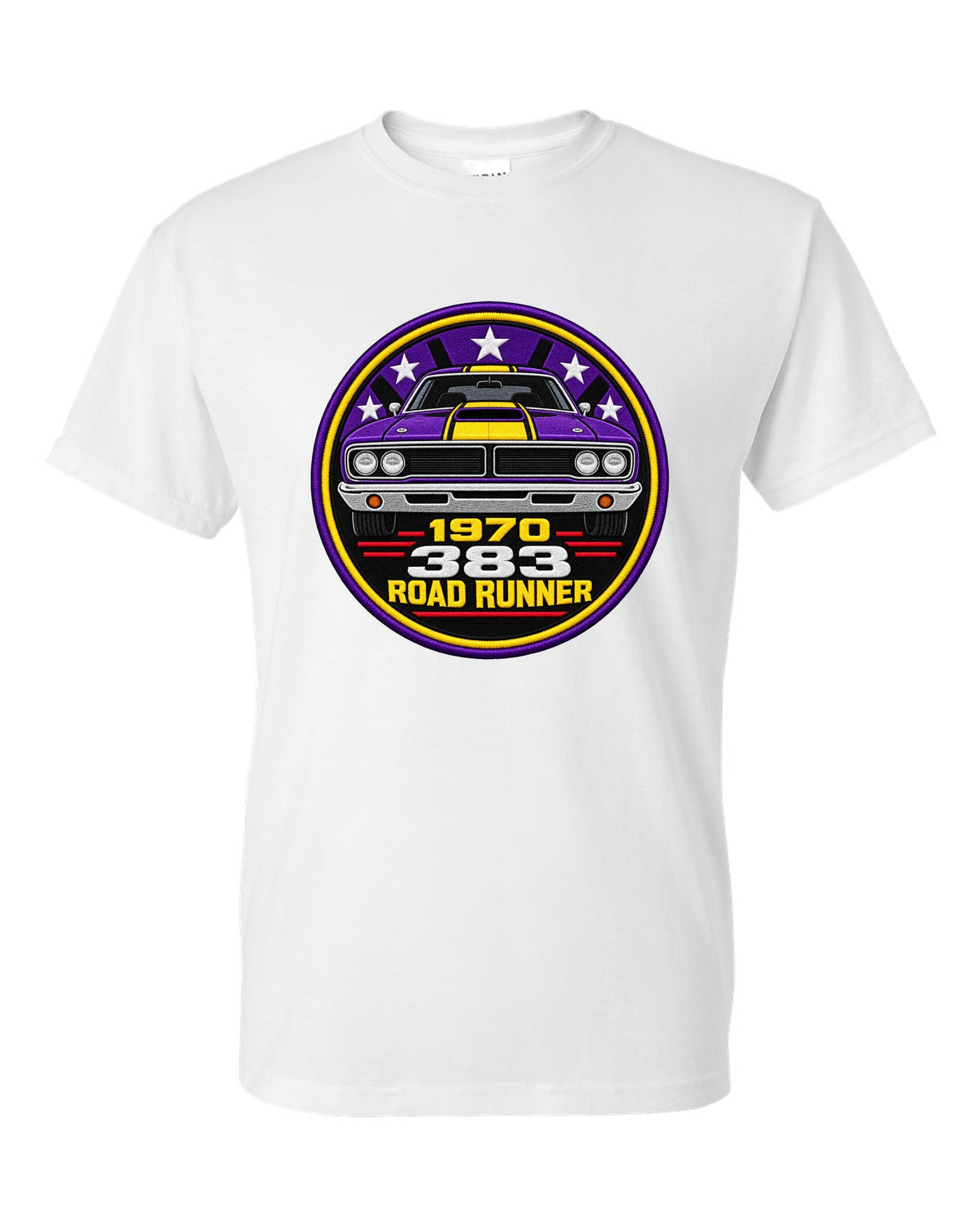 Original round crest print for a 1970 Plymouth Road Runner with 383 lettering white t-shirt front view with the design