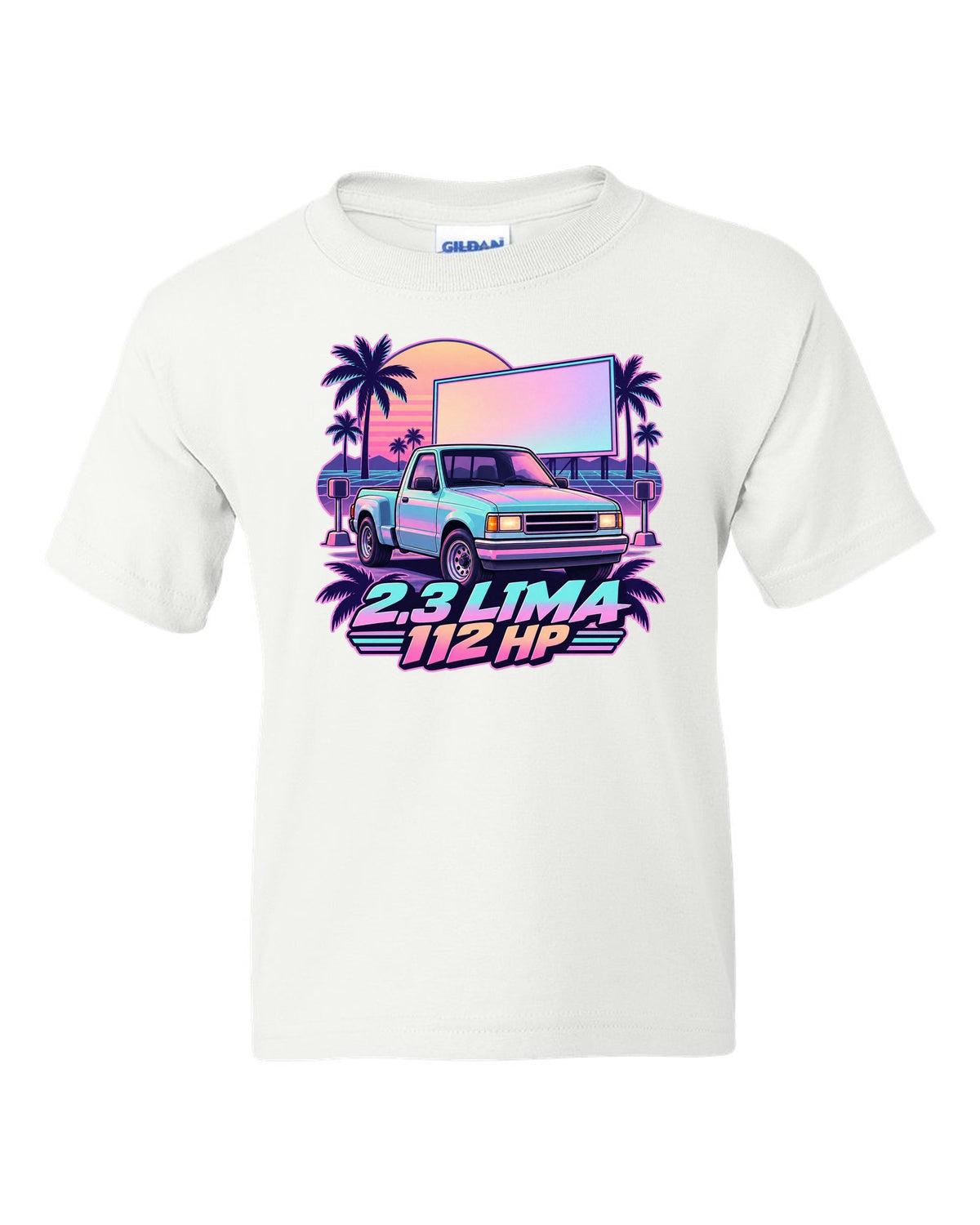 Ford Ranger 1995 stepside at a drive-in in a vaporwave pastel print white kids tee front view with the design