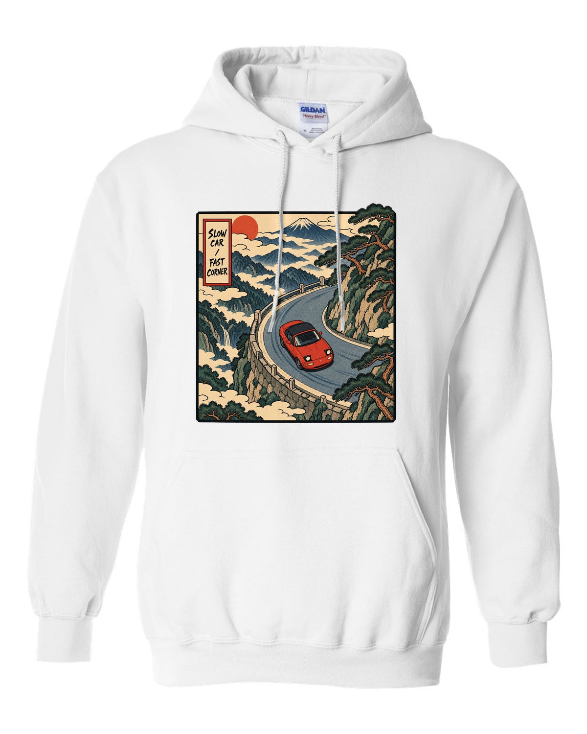 Flat silhouette row of Mazda MX-5 NA, NB, NC and ND generations white pull over hoodie front view with the design