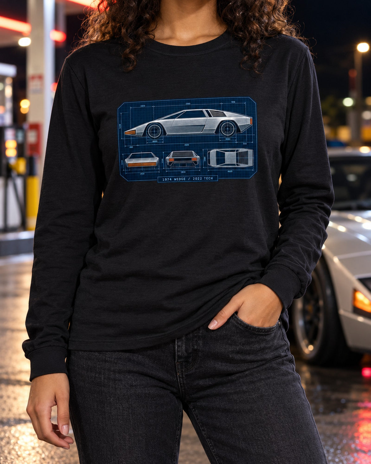 Hyundai N Vision 74 Blueprint Wedge Shirt, 2022 Concept Car Long Sleeve Black worn hero
