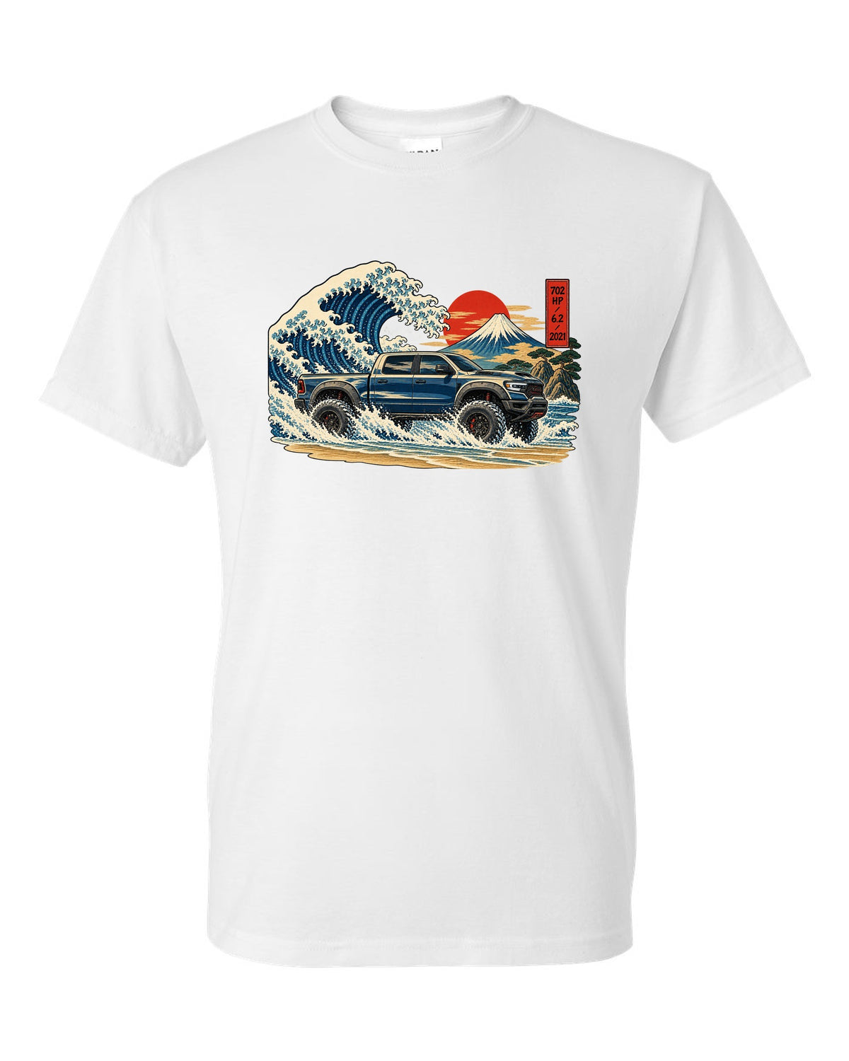Ukiyo-e great wave woodblock print of a 2021-2024 Ram 1500 TRX with 702 HP 6.2 2021 text white t-shirt front view with the design