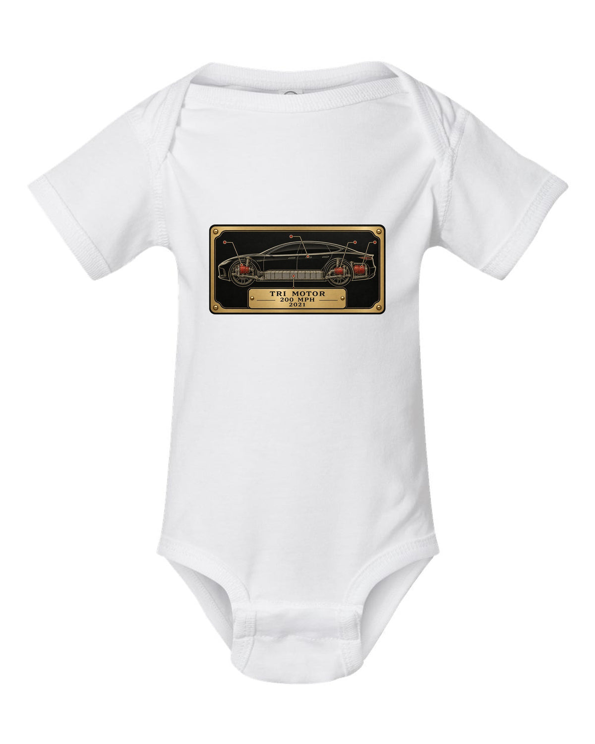 Spec-sheet data plate layout for a 2021 Tesla Model S Plaid with the words Tri Motor 200 MPH 2021 white baby onesie front view with the design