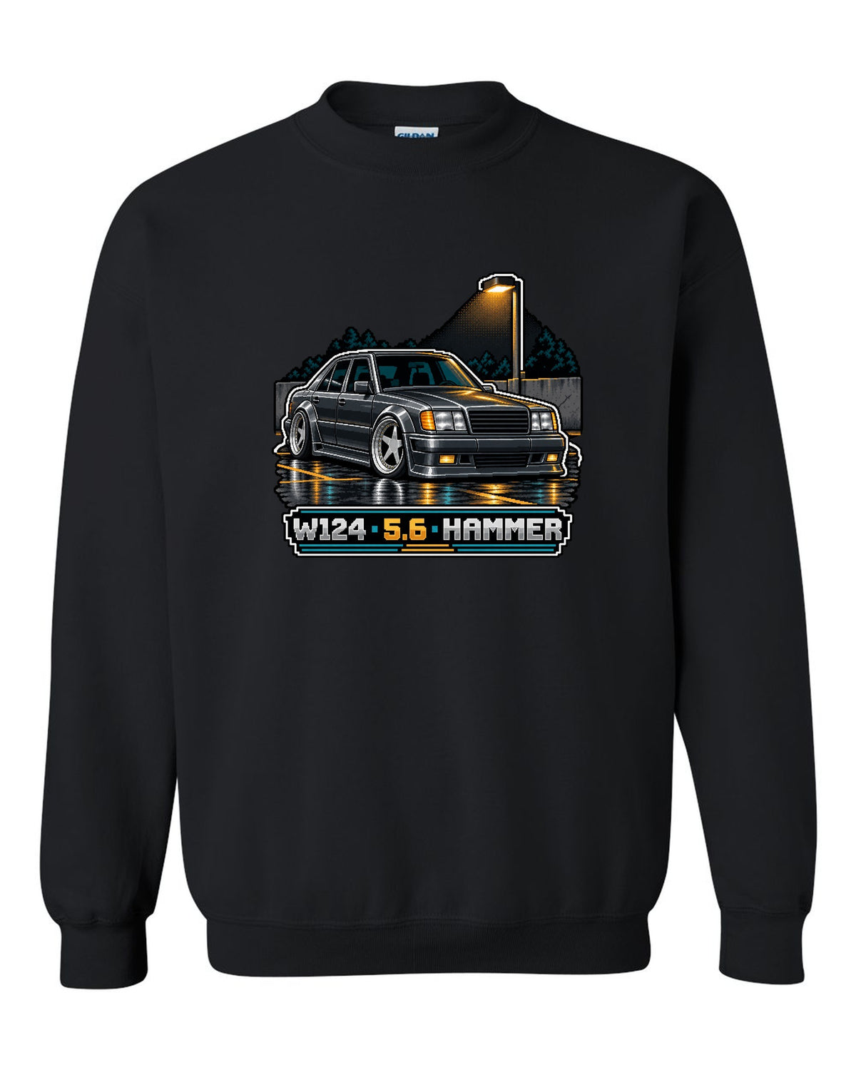 Pixel art Mercedes 300E 5.6 Hammer W124 parked in a car park black crewneck front view with the design
