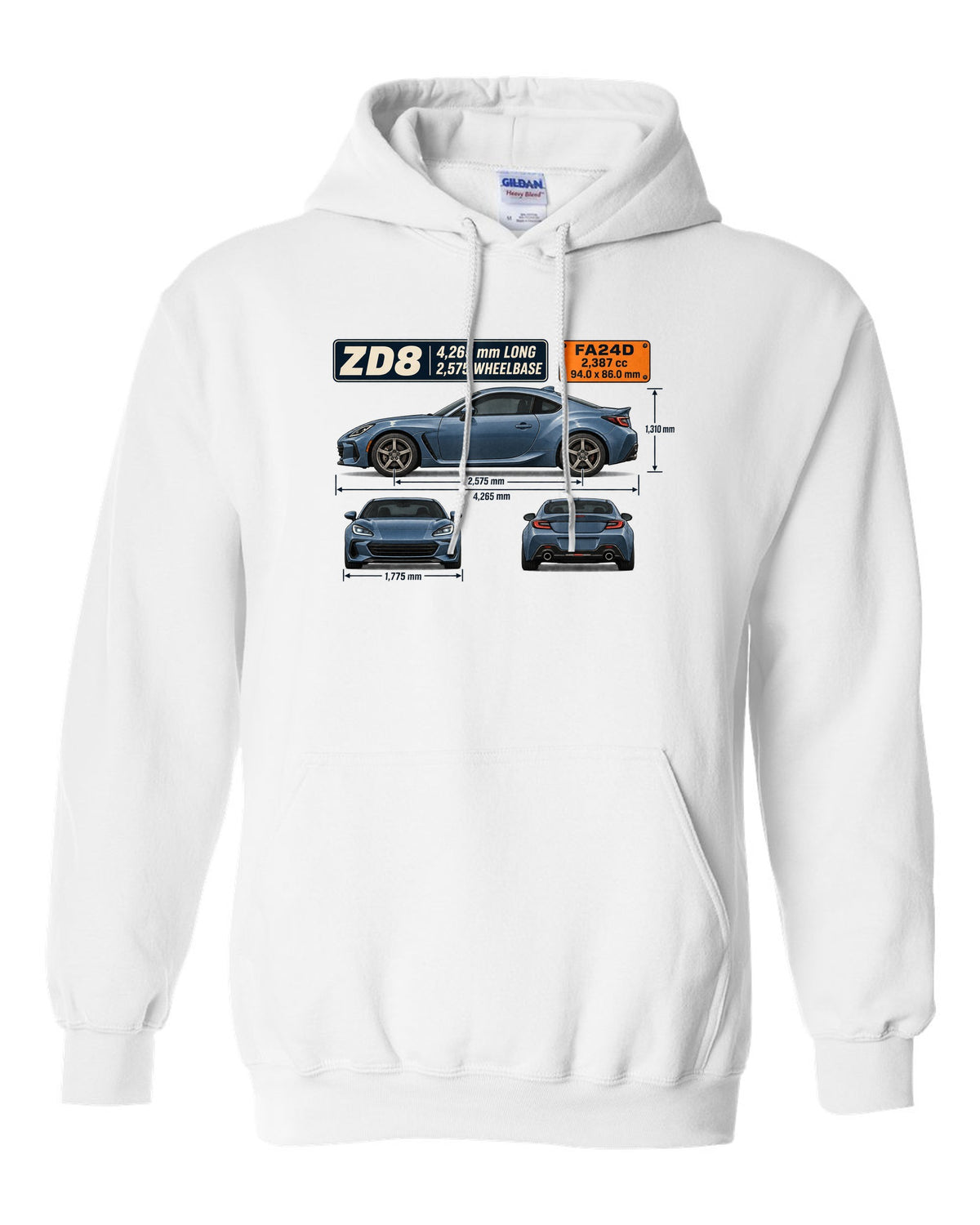 Blueprint-style dimension drawing of a Subaru BRZ ZD8 with length and wheelbase callouts white pull over hoodie front view with the design
