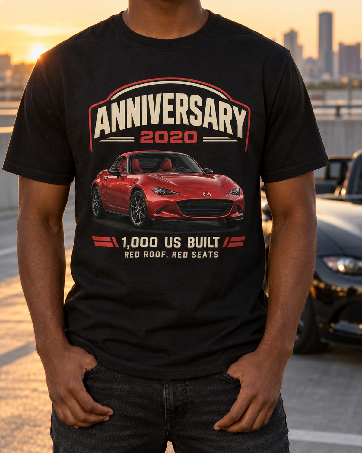 Mazda MX-5 ND 100th Anniversary Edition Archive Shirt, Miata T-Shirt Black worn hero