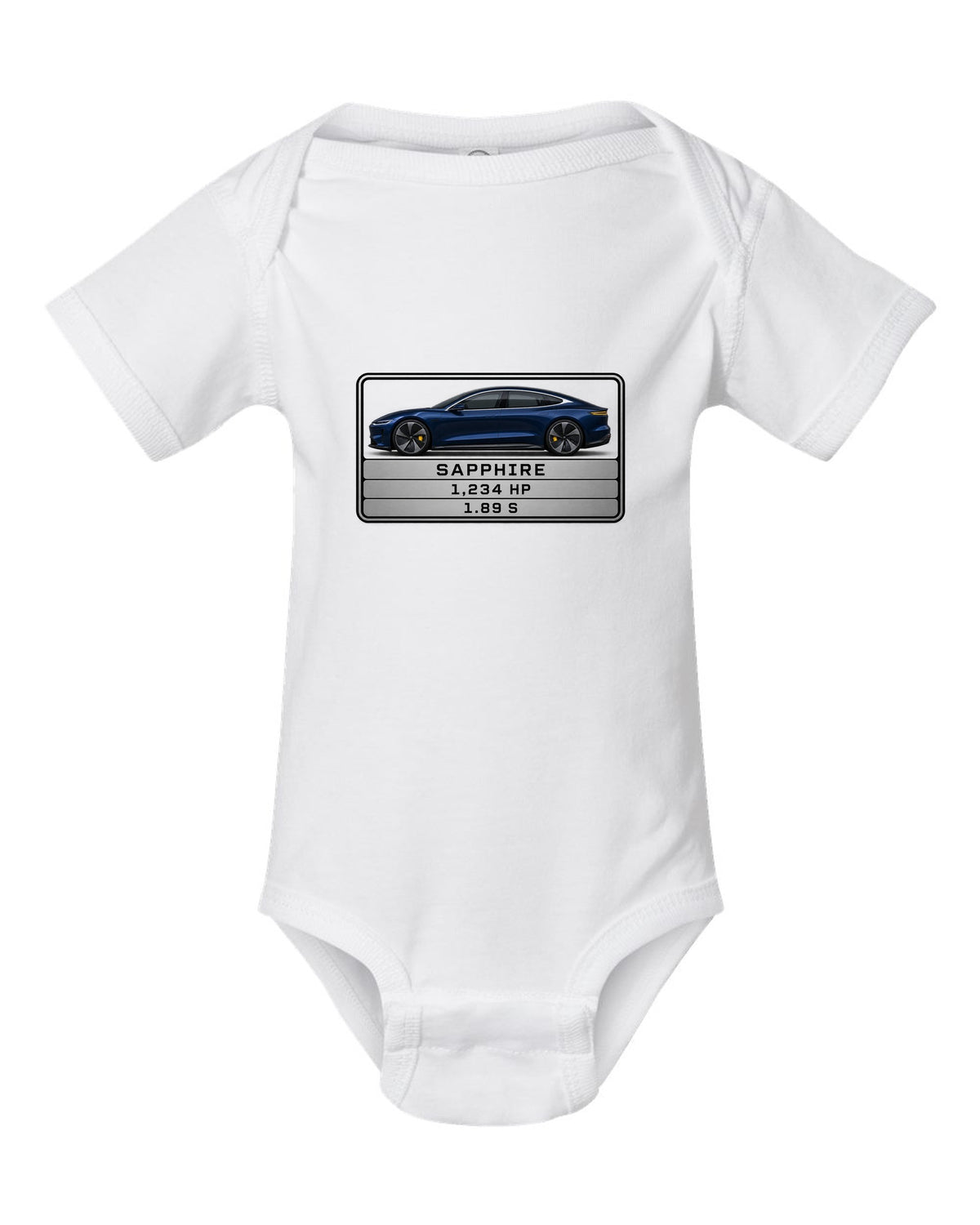Lucid Air Sapphire monospaced spec data plate print with the text Sapphire 1,234 hp 1.89 s white baby onesie front view with the design