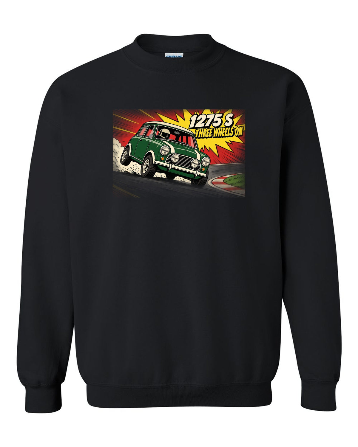 Pop-art flat colour print of a Classic Mini Cooper S 1275 S on three wheels with speed lines black crewneck front view with the design