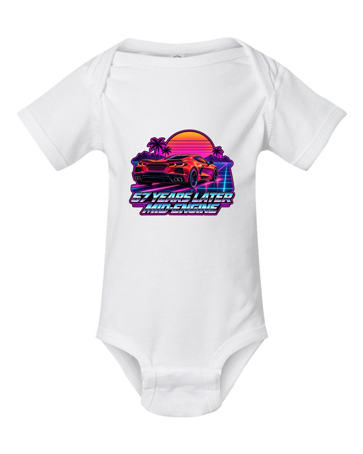 Spec-sheet data plate with overhead view of a 2023 C8 Corvette Z06 white baby onesie front view with the design