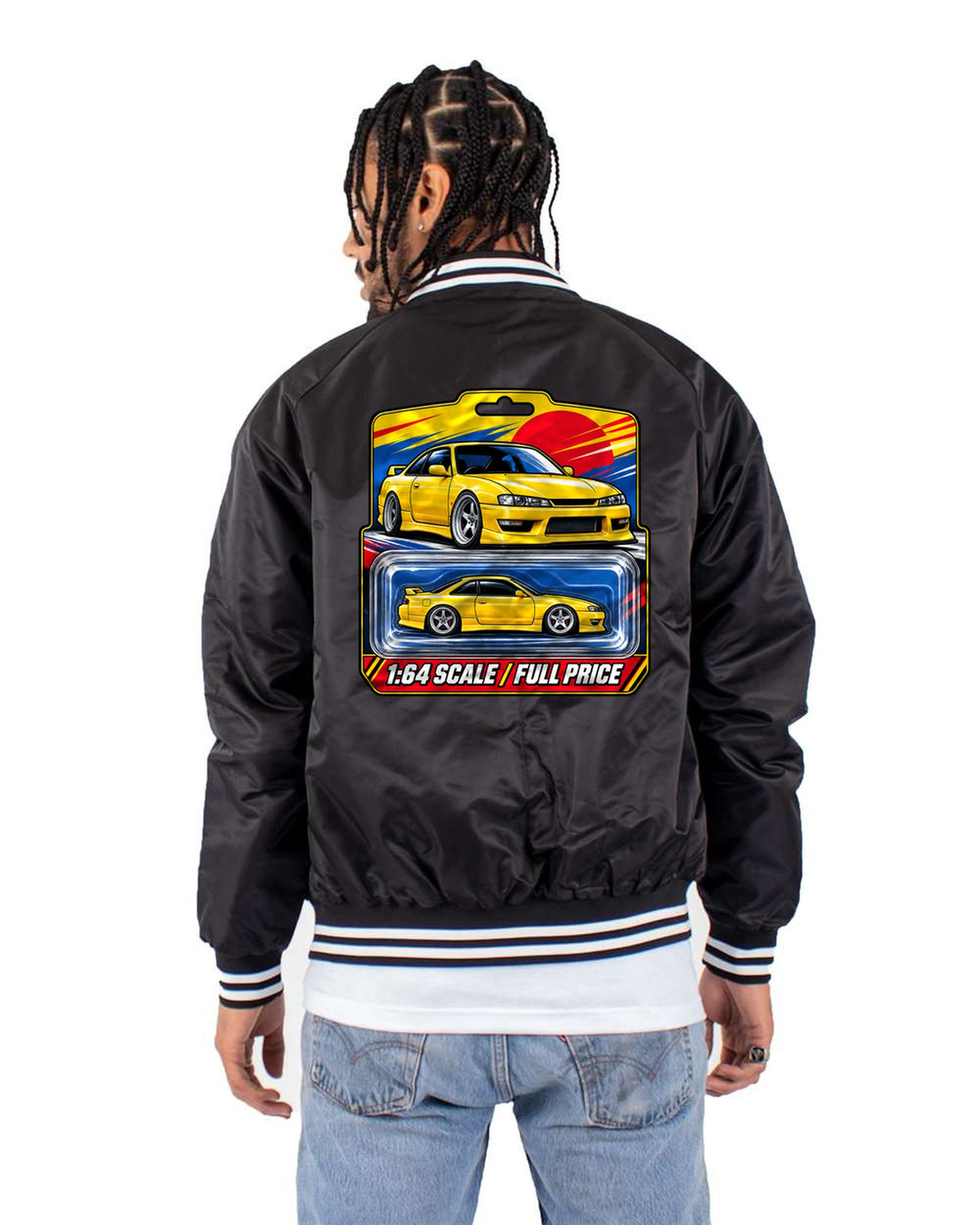 Nissan Silvia S14 1:64 Toy Blister Card Graphic Tee Bomber Jacket Black back
