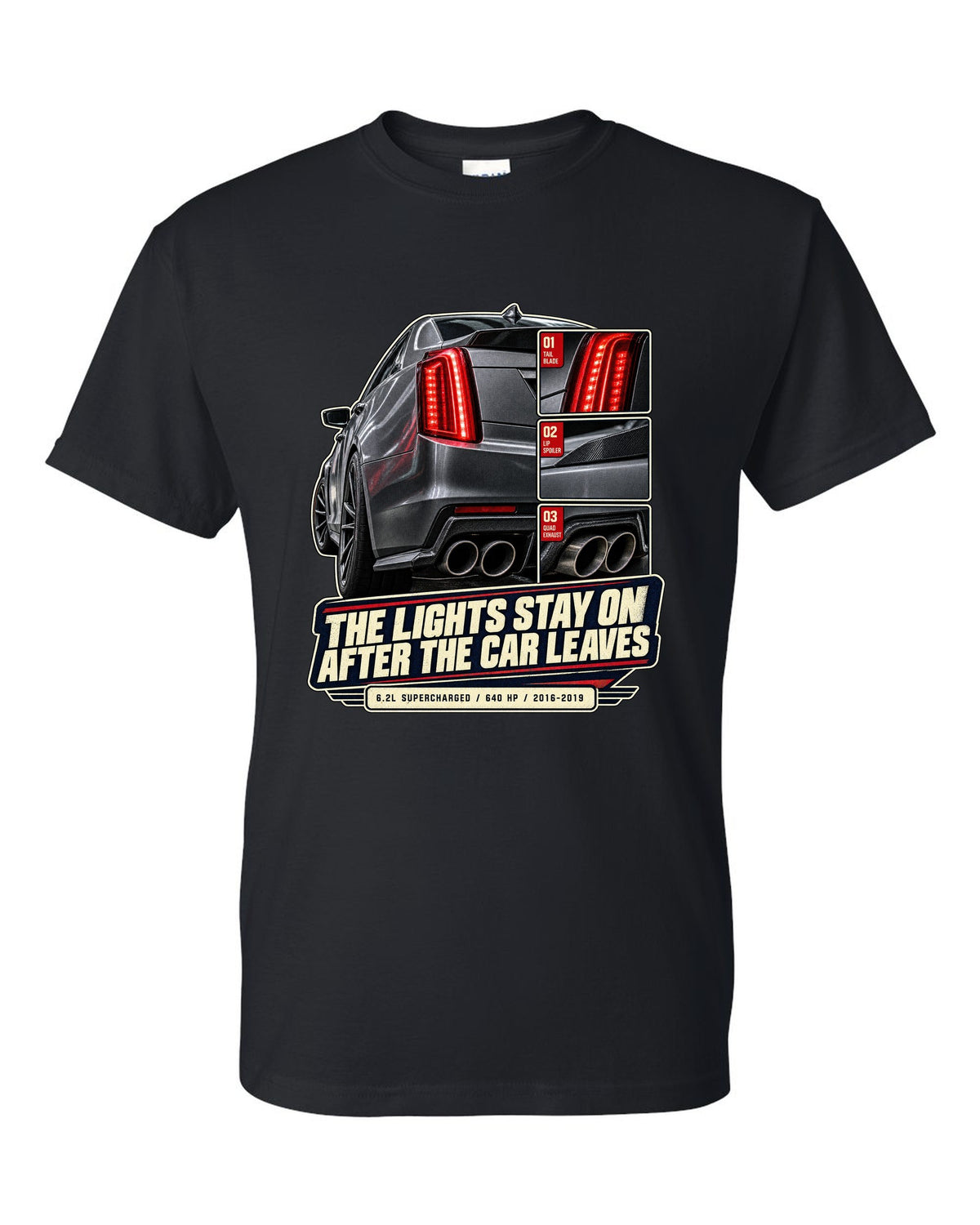 Rear taillight close-up print of a 2016-19 Cadillac CTS-V black t-shirt front view with the design