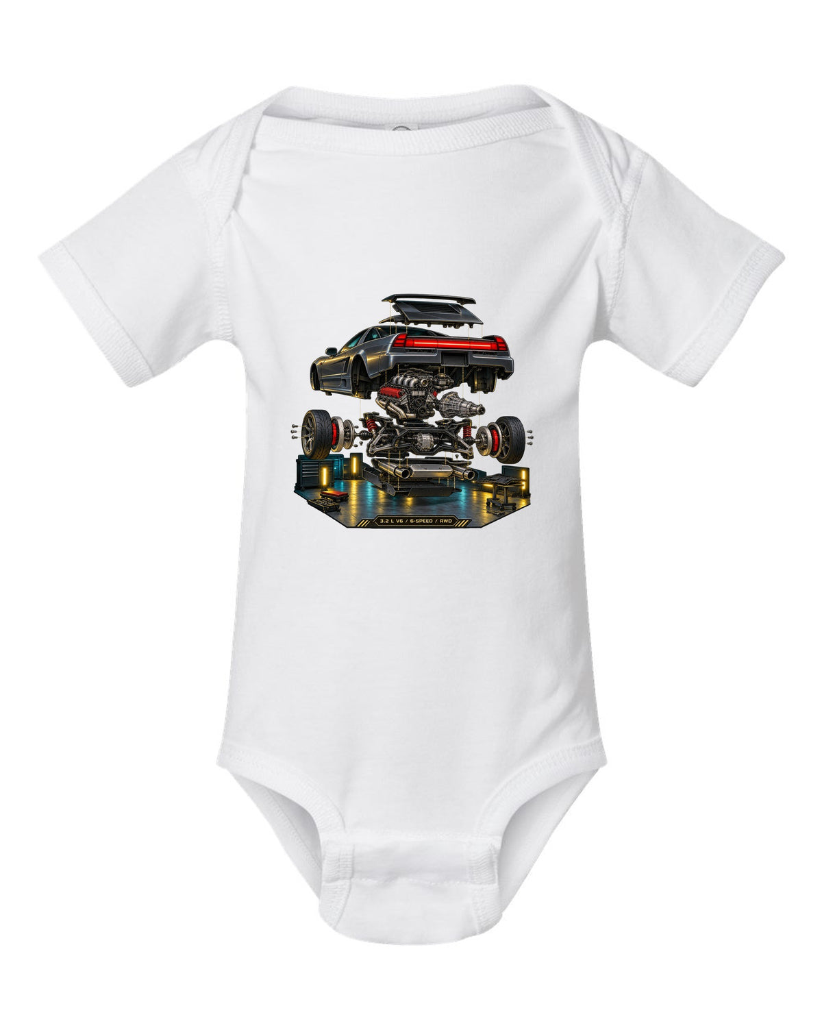 Isometric exploded diagram print of the Honda NSX NA2 with 3.2 L V6 6-speed RWD text white baby onesie front view with the design