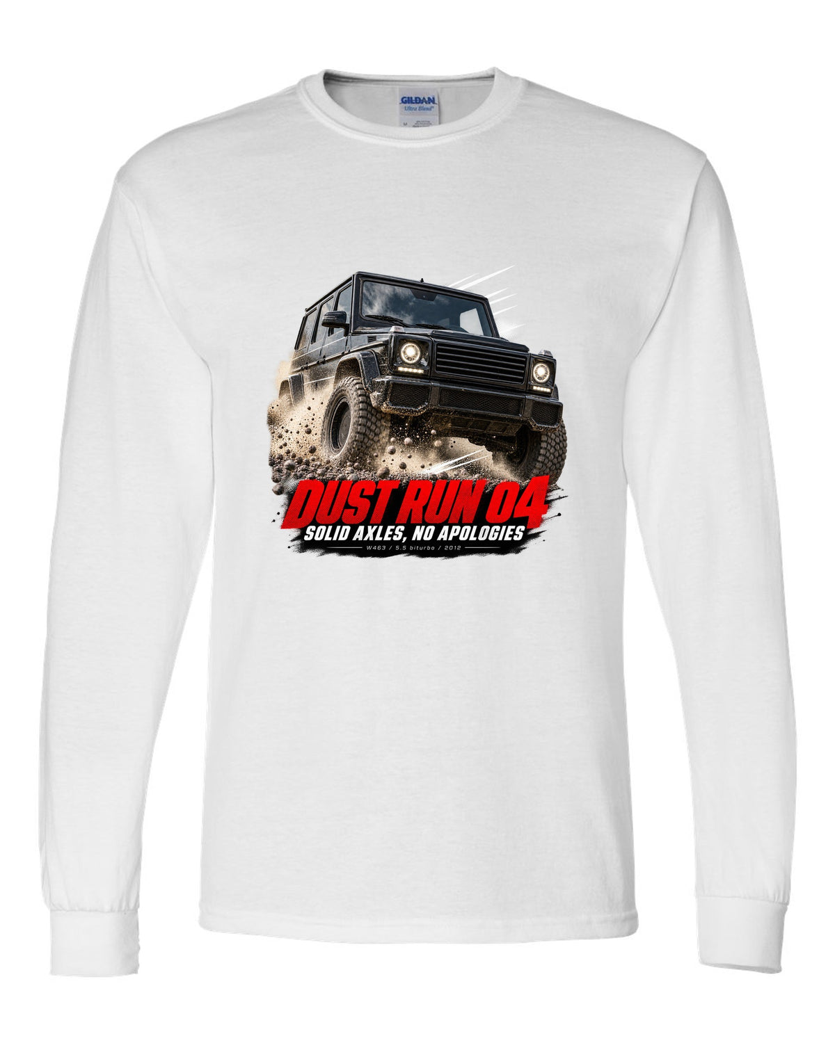 Race poster print of a Mercedes G63 AMG W463 with Dust Run 04 Solid Axles lettering white long sleeve front view with the design