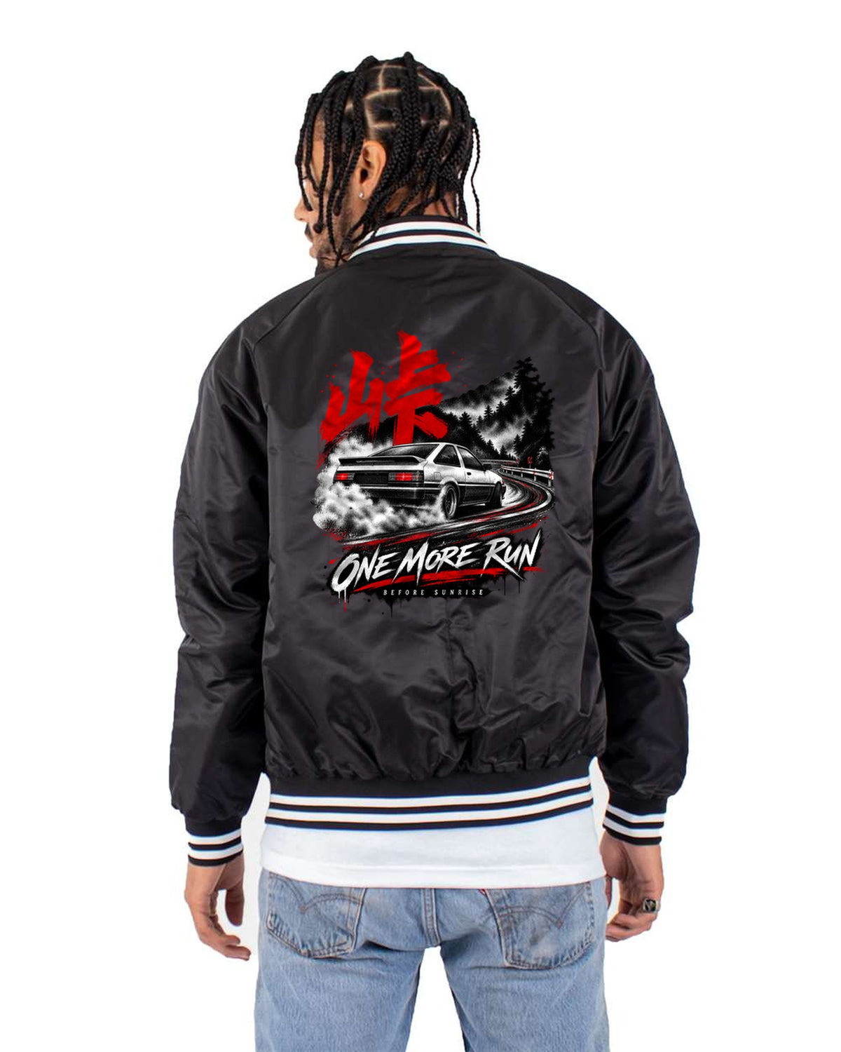 Toyota AE86 Corolla Levin Touge Shirt, One More Run print Bomber Jacket Black back