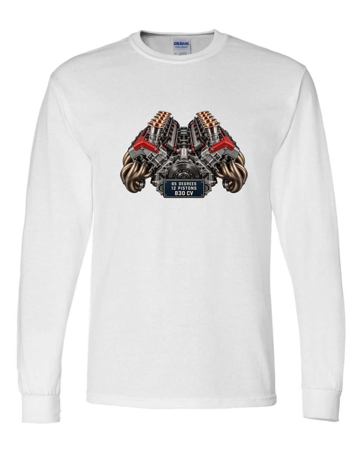 Engine bay print of the Ferrari 12Cilindri F140HD V12 white long sleeve front view with the design