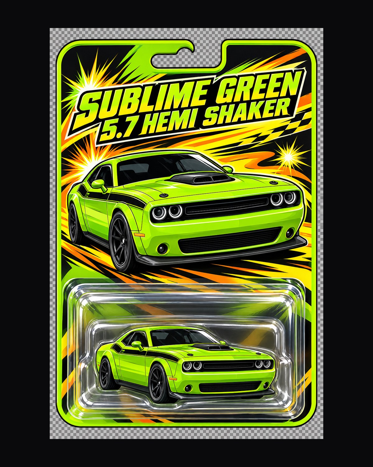 Dodge Challenger R/T Shaker Toy Card Shirt, Sublime Green design only