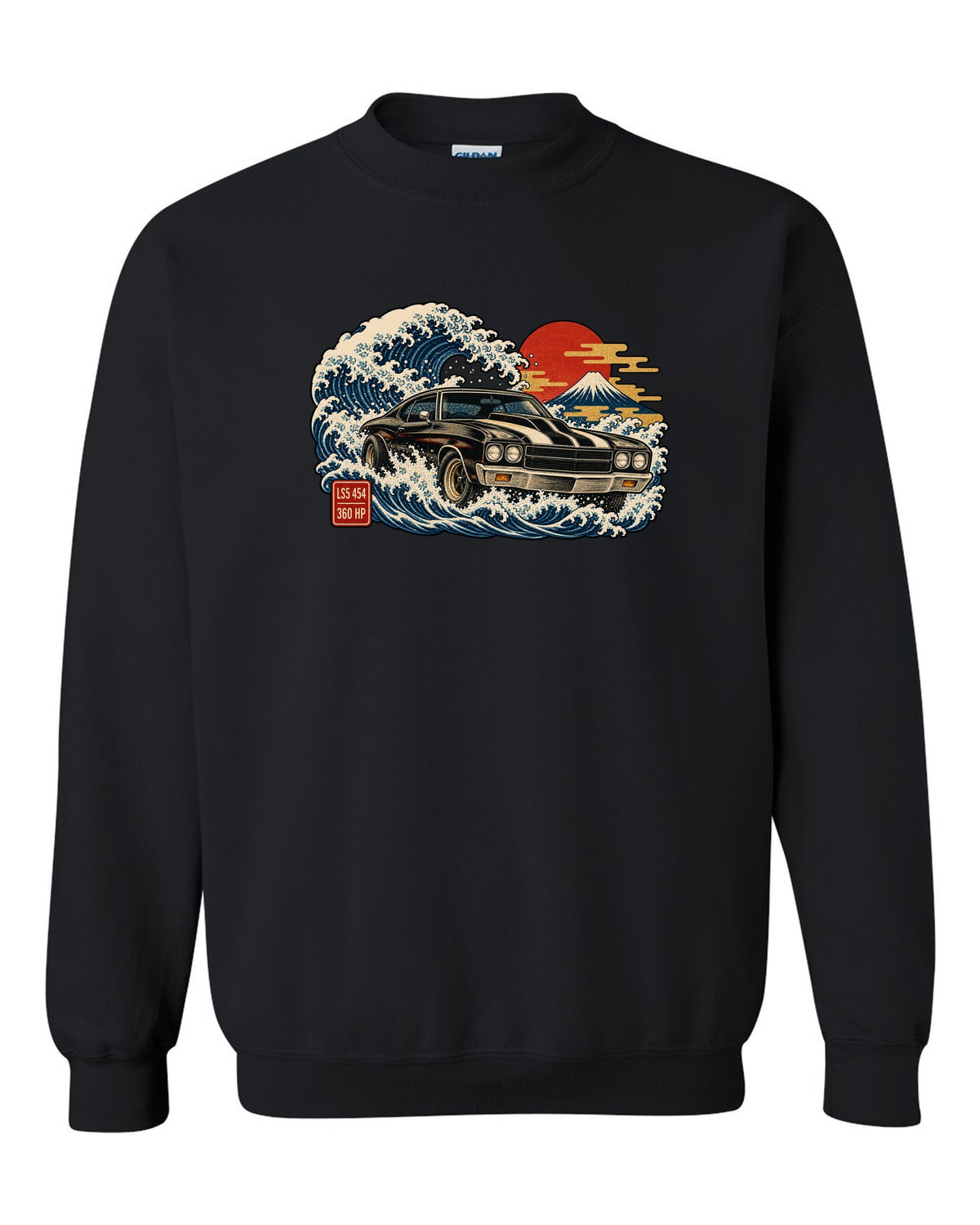 1970 Chevelle SS on a great wave in ukiyo-e woodblock style with text LS5 454 360 HP black crewneck front view with the design